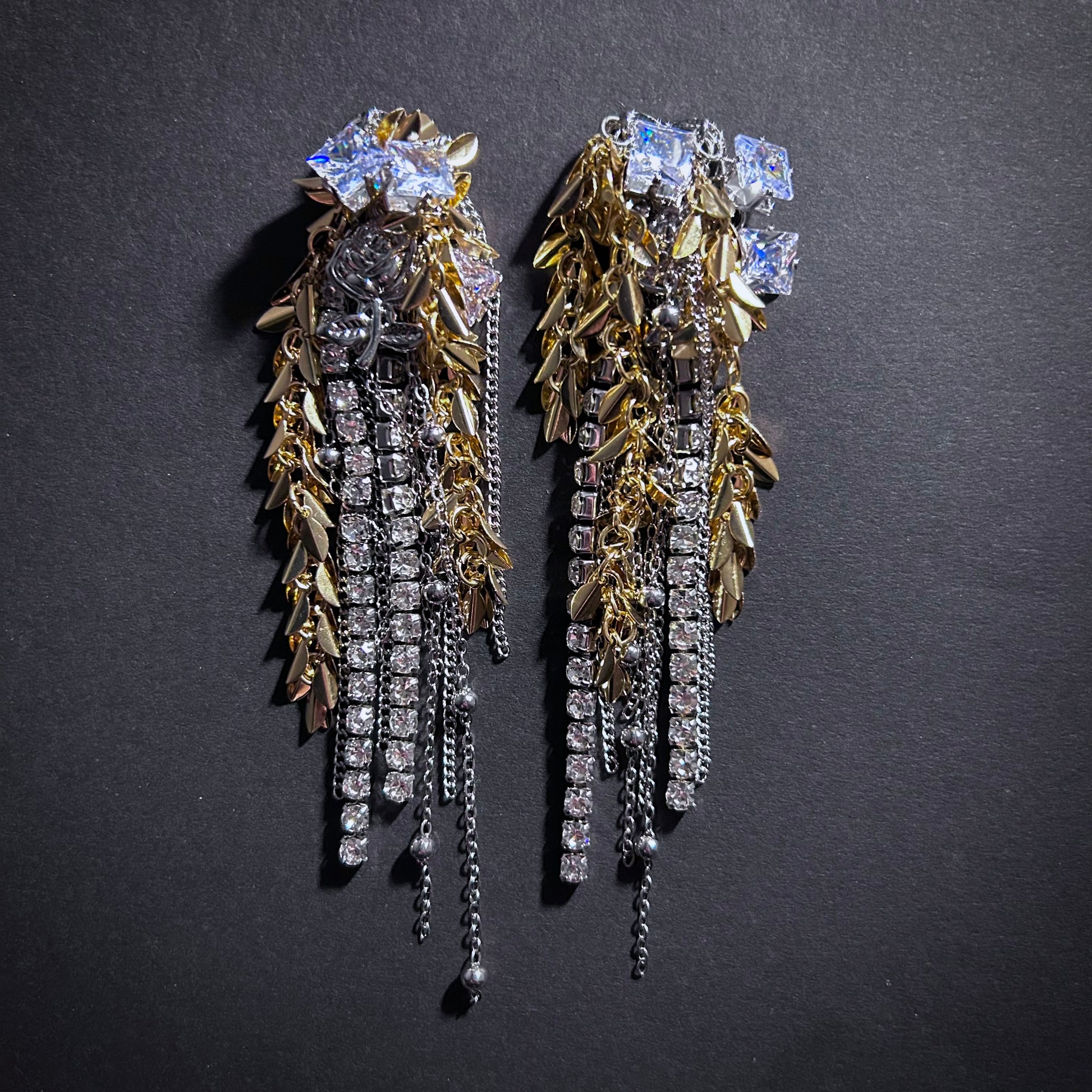 Leaves, Chains & Cubic Zirconia Mixed Metal Tassel Statement Earrings