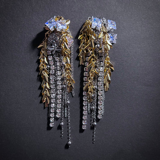 Leaves, Chains & Cubic Zirconia Mixed Metal Tassel Statement Earrings