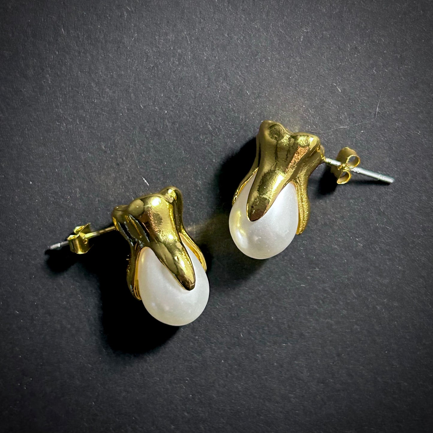 Gold Tooth & White Pearl Stud Earrings