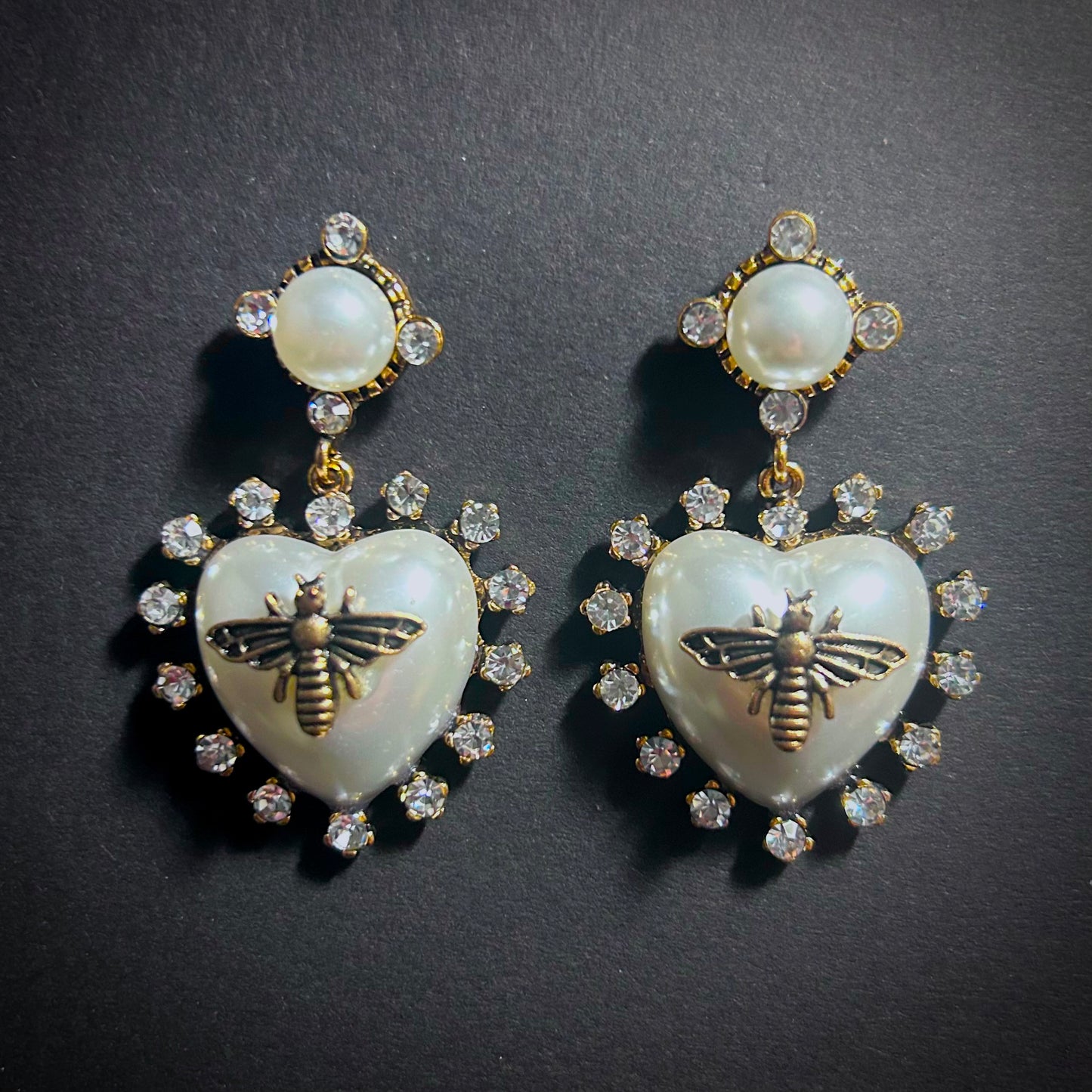 Pearl, Bee & Rhinestone Heart Antiqued Gold Stud Statement Earrings