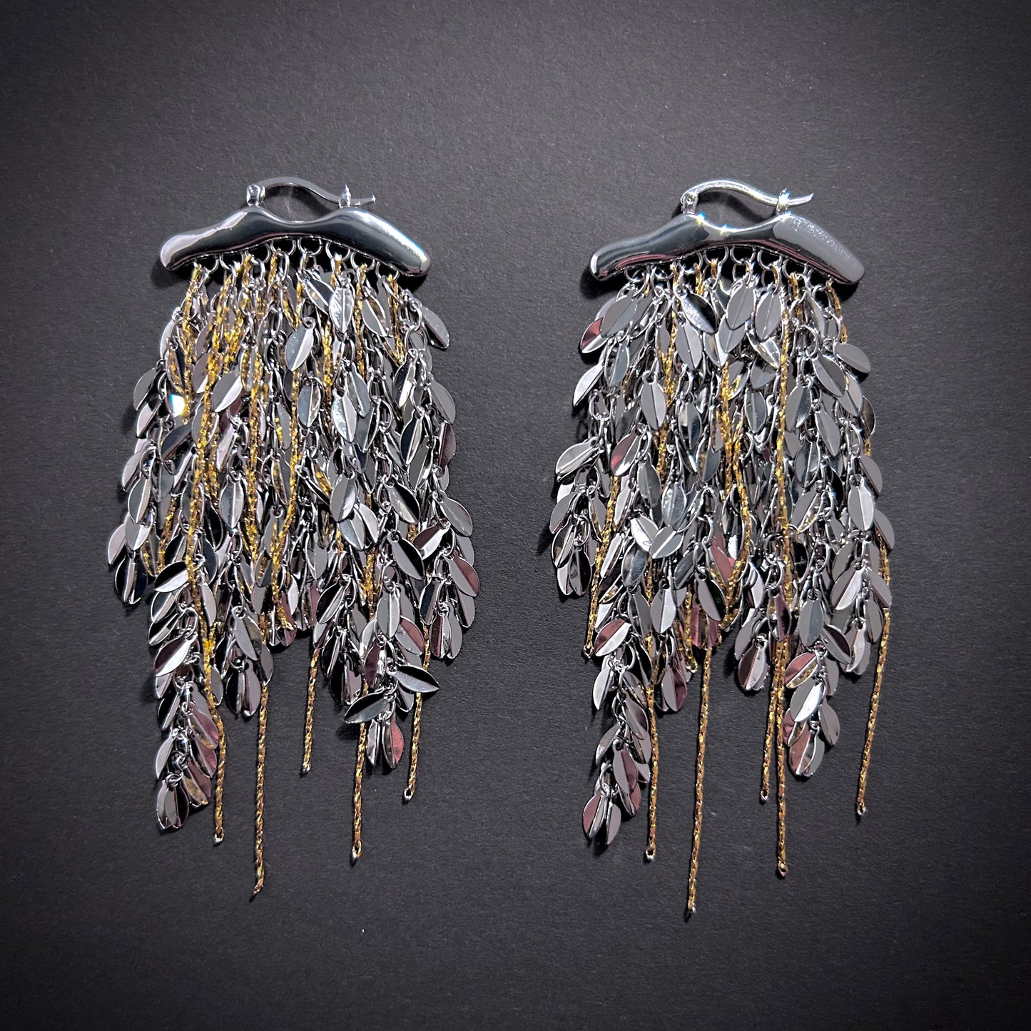 Leaves & Chain Organic Shaped Mixed Metal Tassel Statement Earrings