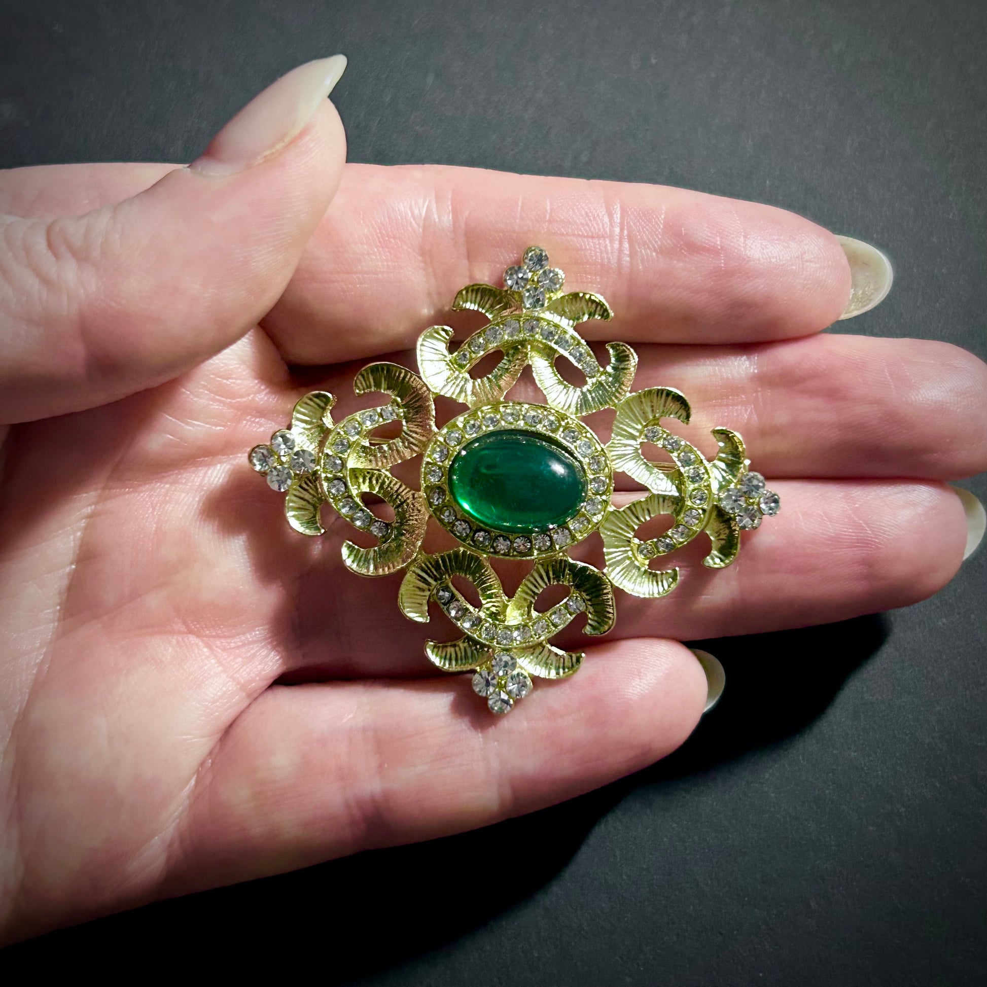 Gold & Green Rhinestone Ornate Brooch