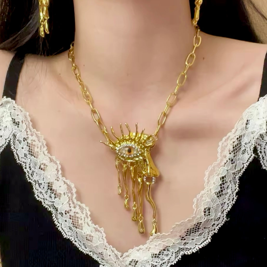 Yellow Eyes Dripping Metal Fringe, Gold & Rhinestones Necklace