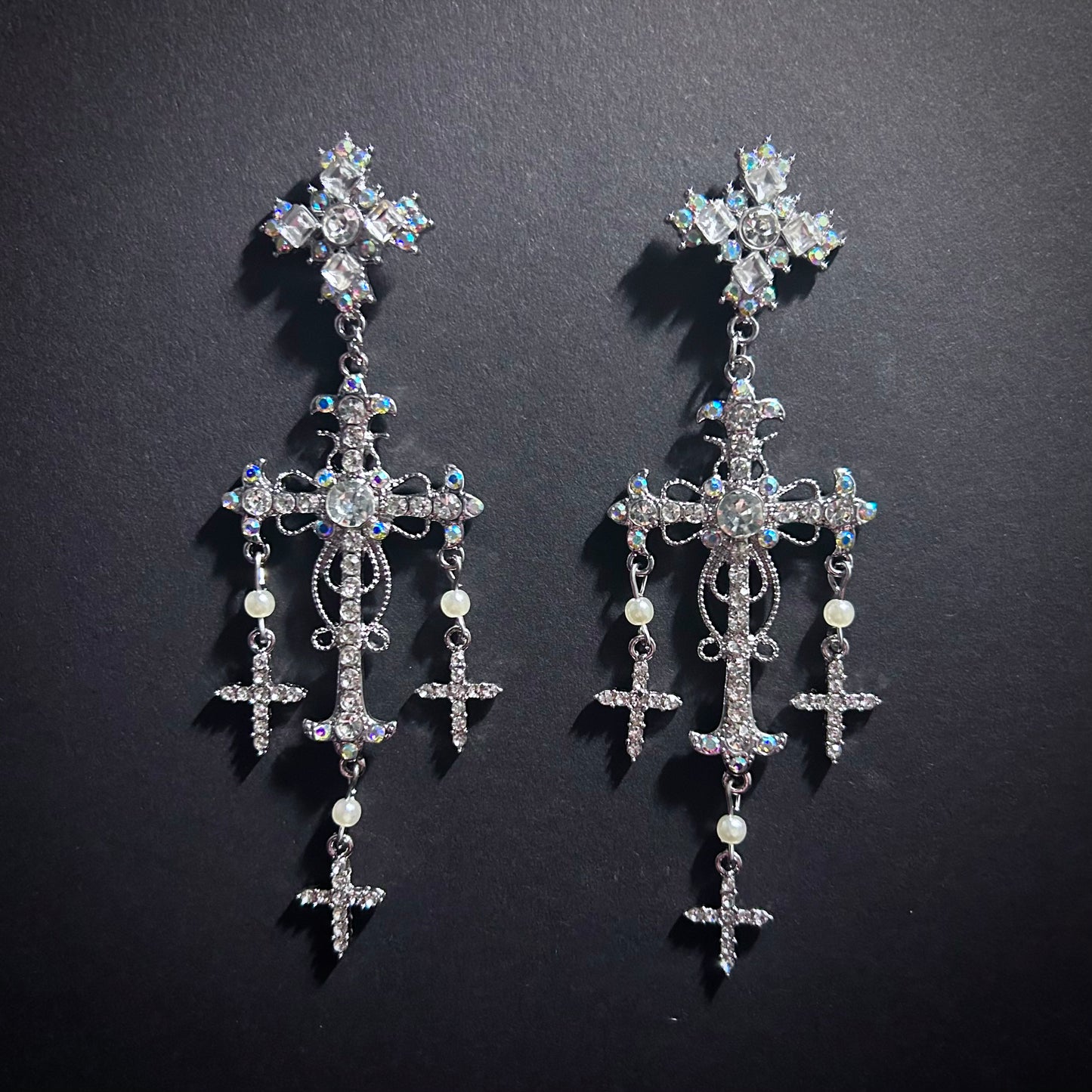 Cross Chandelier Earrings in Silver & Rhinestones