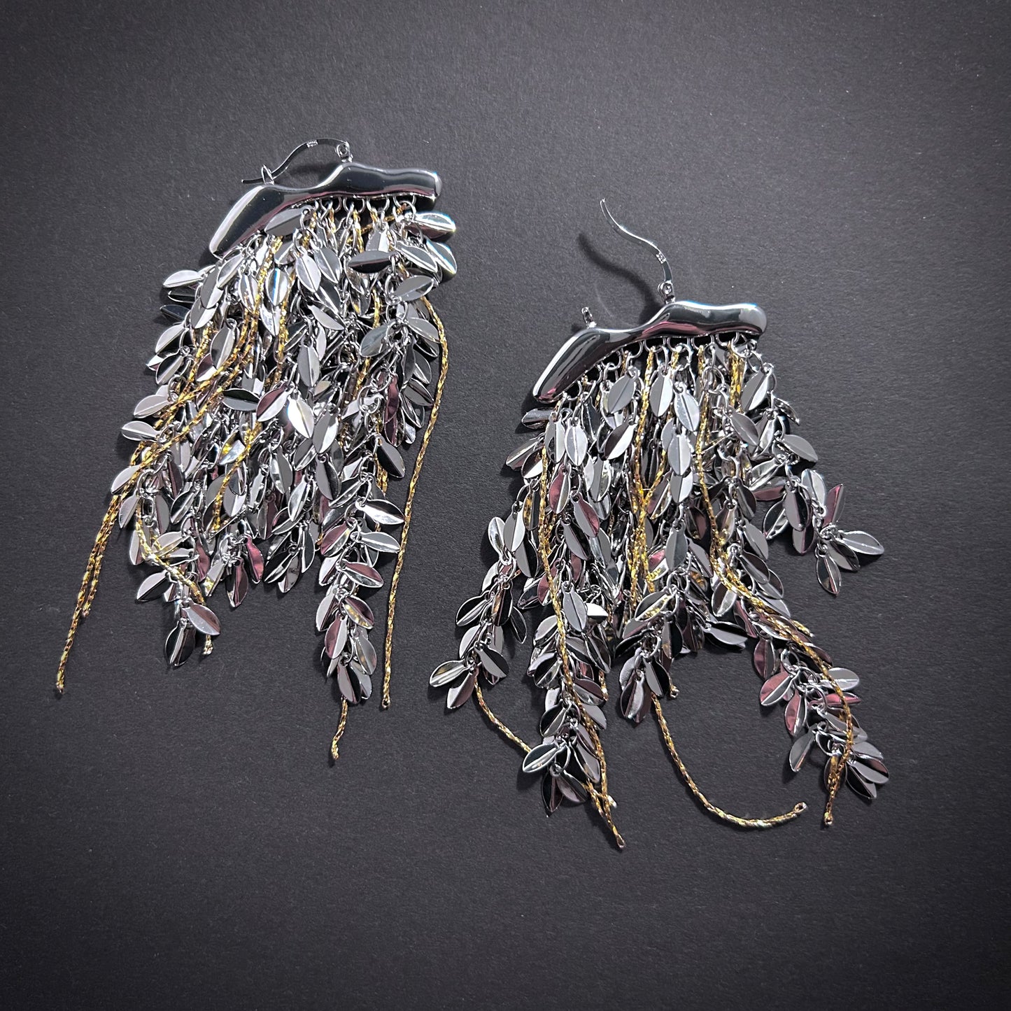 Leaves & Chain Organic Shaped Mixed Metal Tassel Statement Earrings