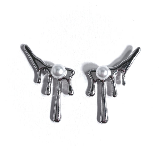 Dripping Metal & Pearl Stud Ear Climber Earrings in Silver