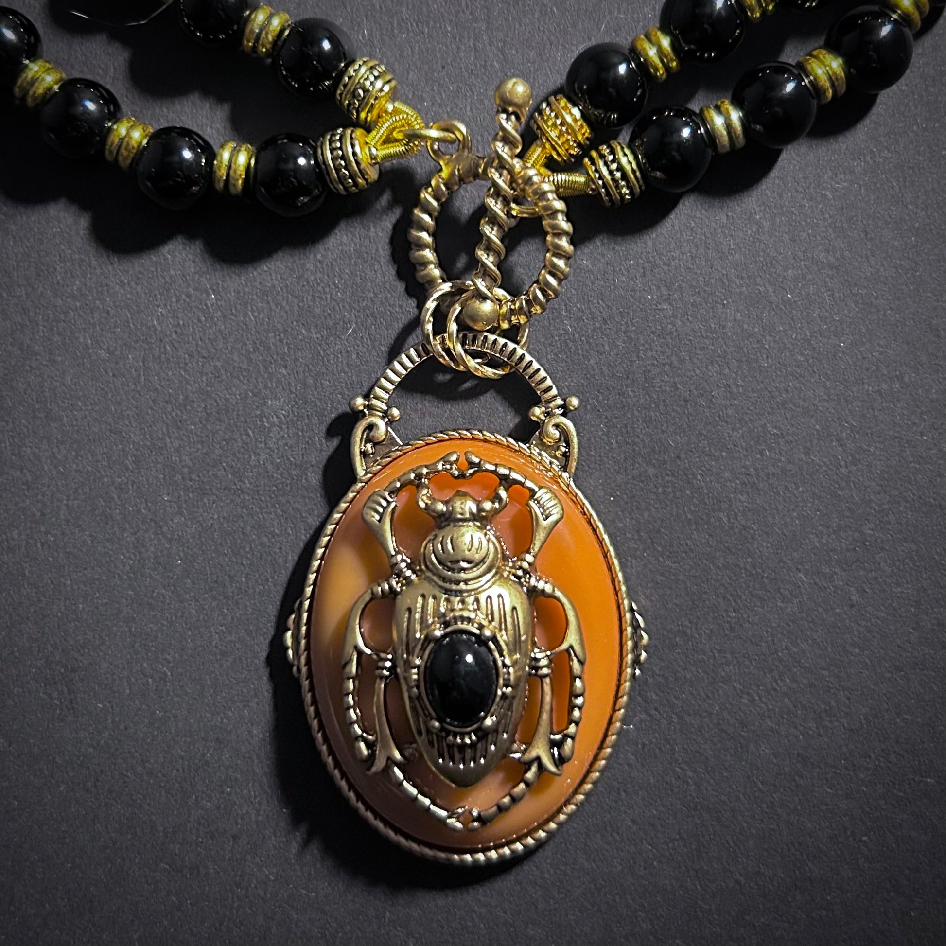 Scarab Beetle Orange Enamel & Antiqued Gold Statement Toggle Necklace