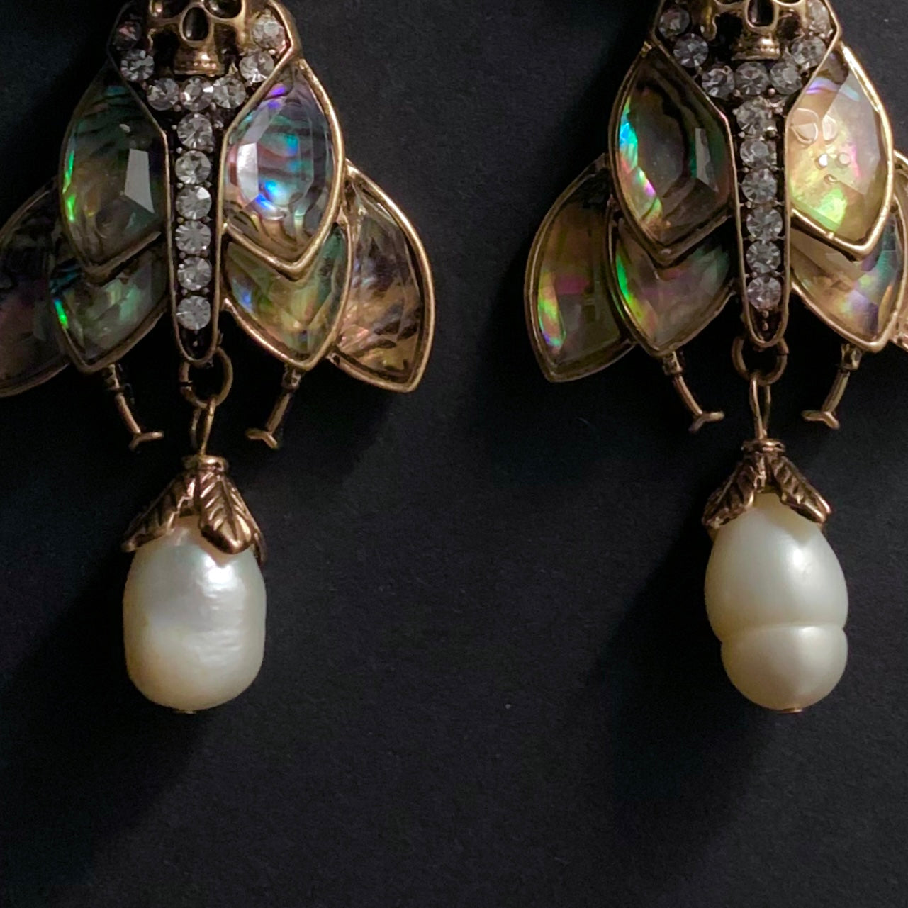 Moth, Skull & Baroque Pearl Abalone Statement Earrings