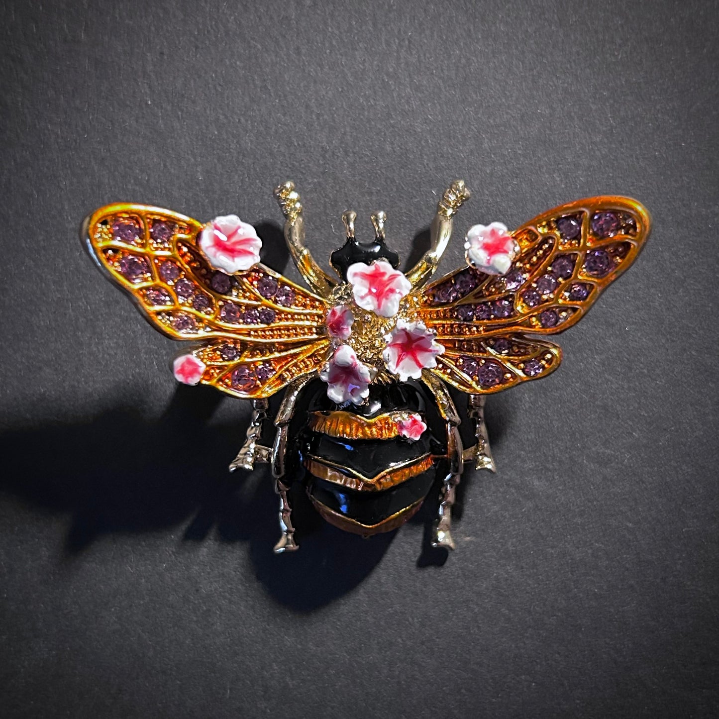 Bee & Flowers Enamel Amethyst Rhinestone Brooch