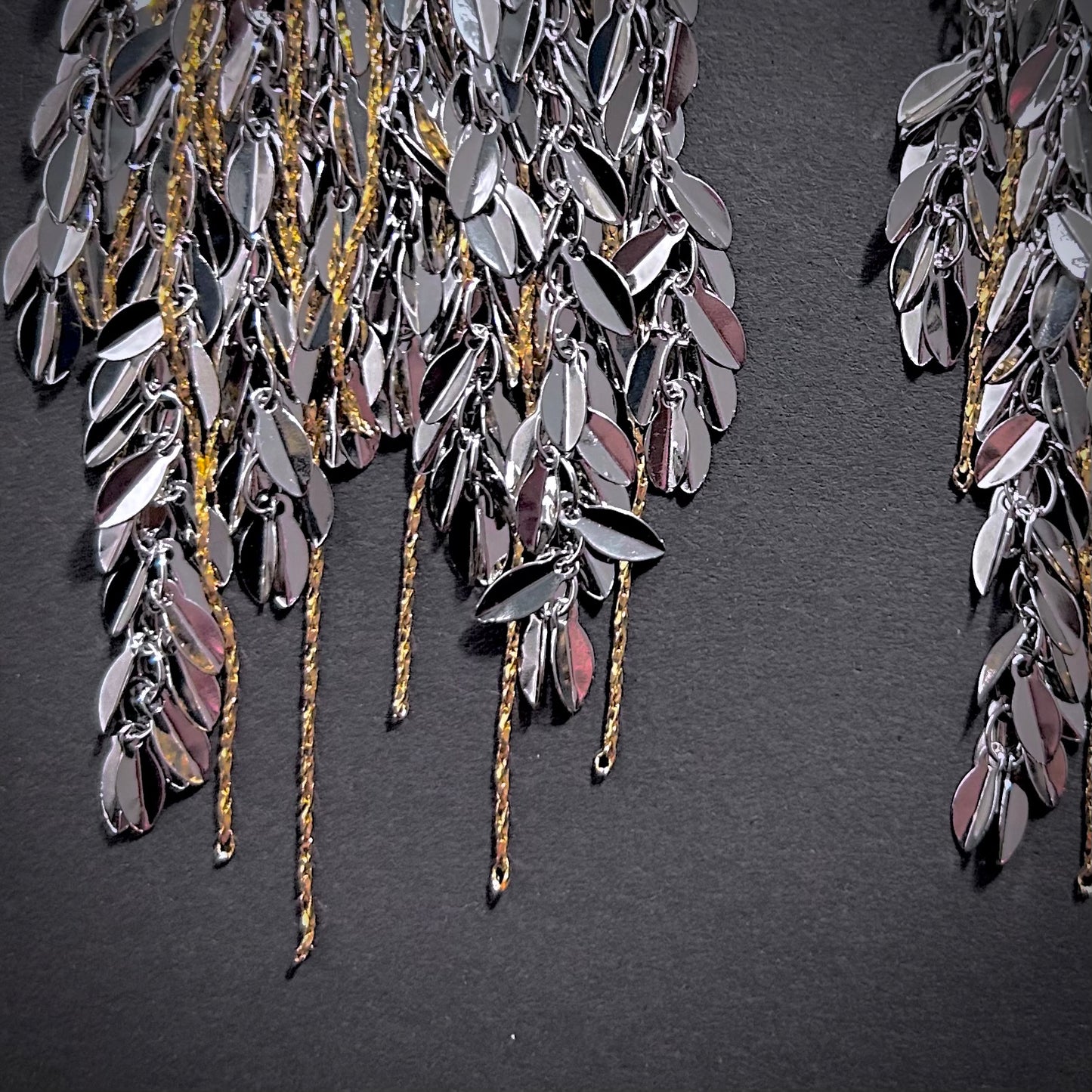 Leaves & Chain Organic Shaped Mixed Metal Tassel Statement Earrings