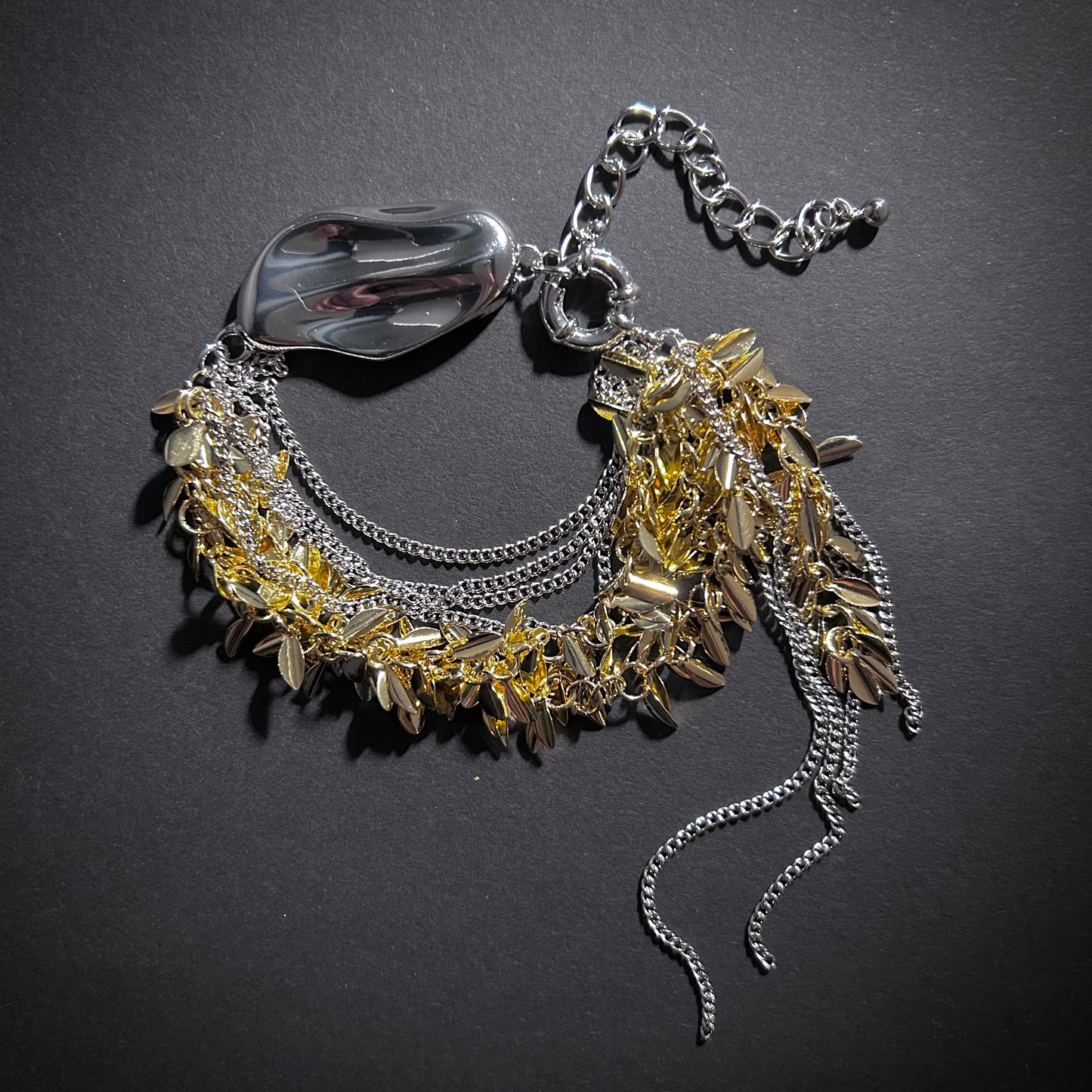 Leaves & Chain Organic Shaped Mixed Metal Statement Bracelet