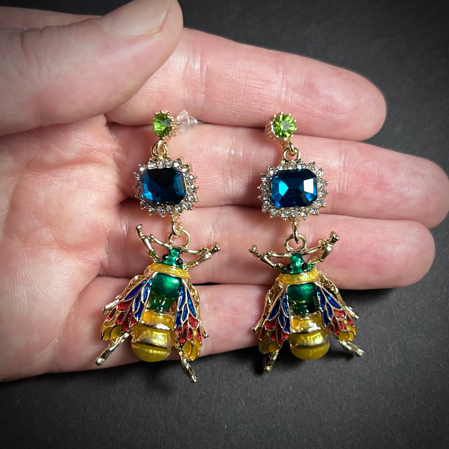 Enameled Gold Bee & Petrol Crystal Statement Earrings