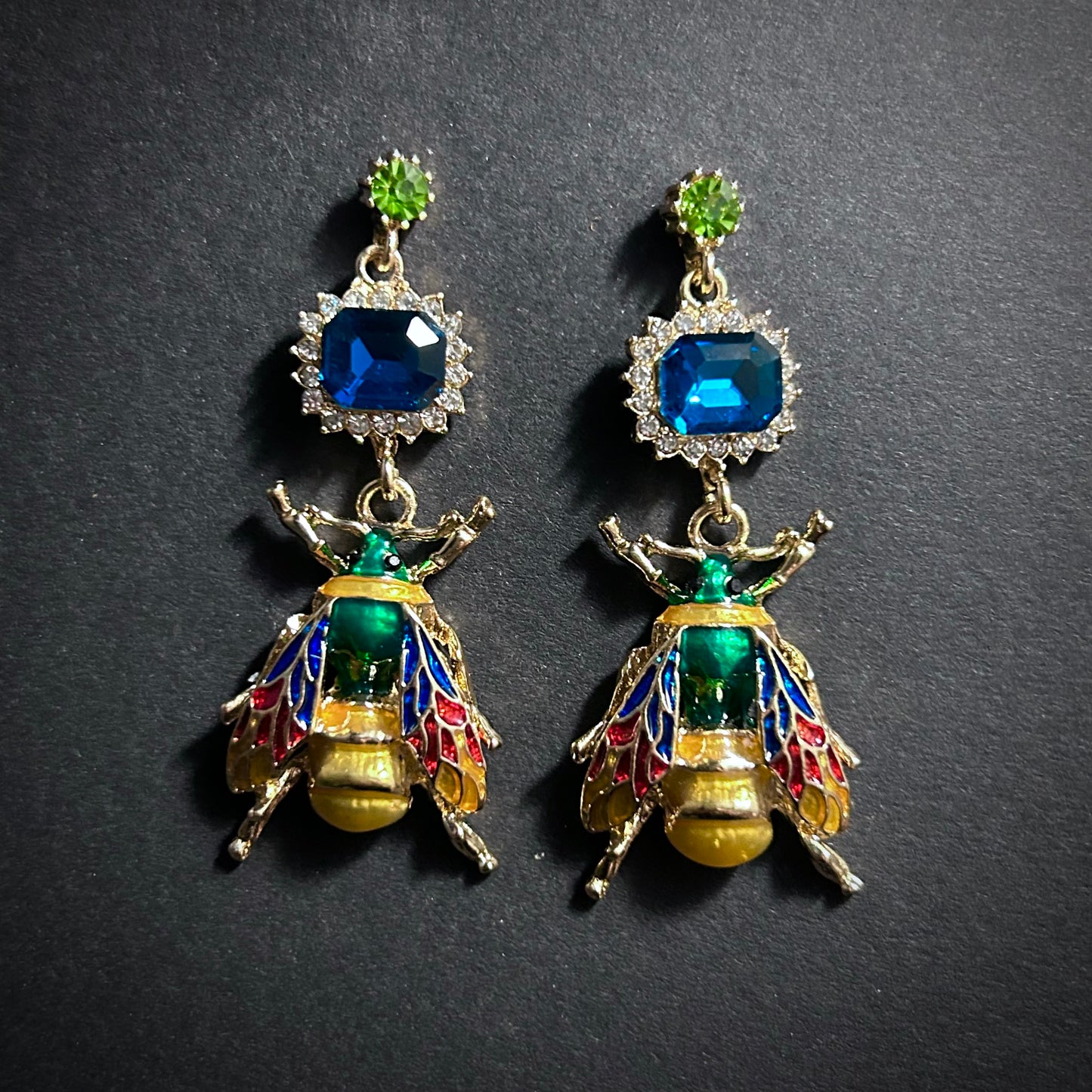 Enameled Gold Bee & Petrol Crystal Statement Earrings