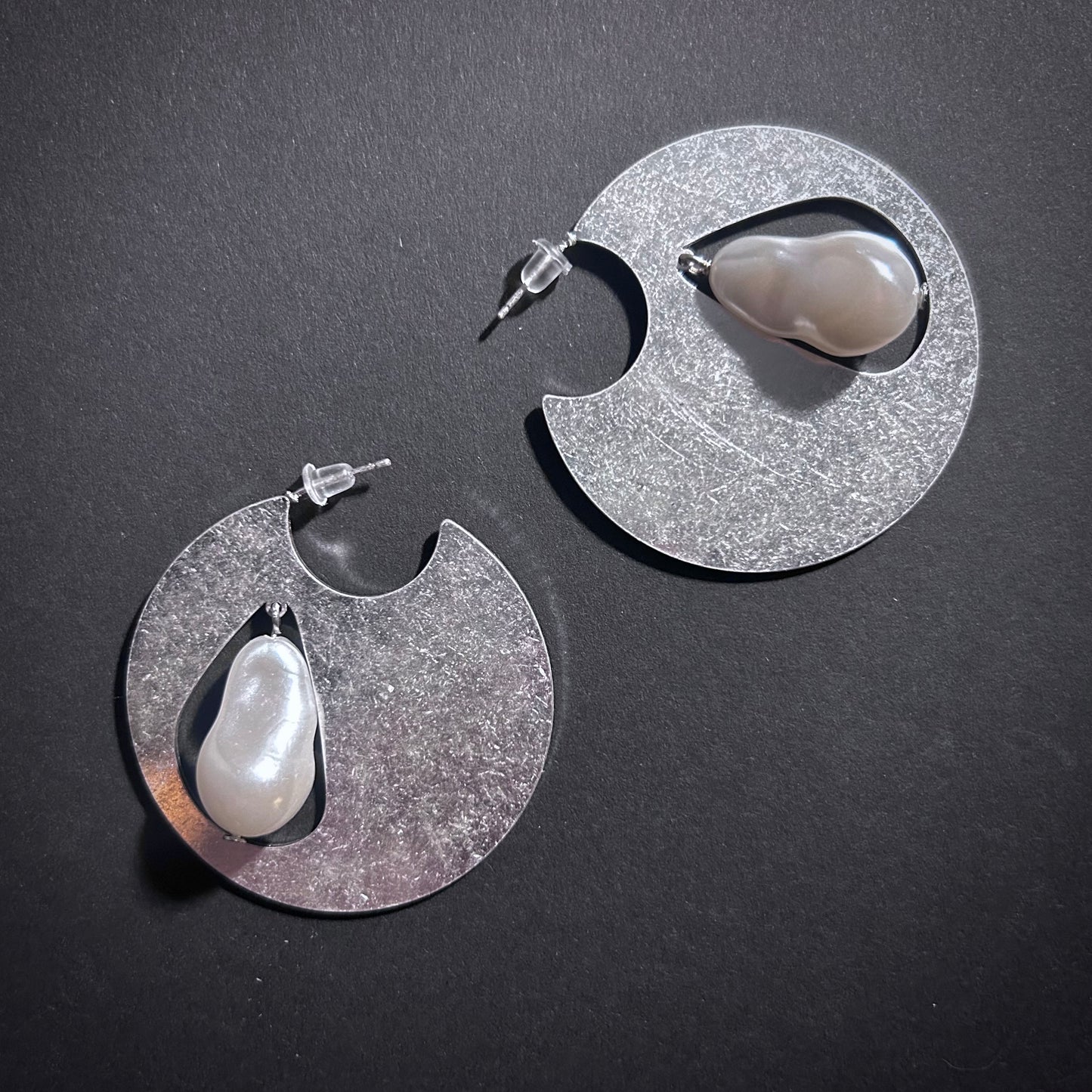 Silver Solid Circle & White Teardrop Baroque Pearl Earrings