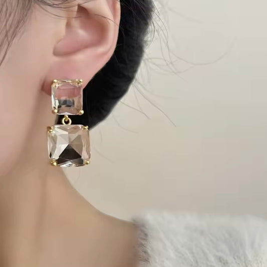 Ice Cubes Double Square Transparent & Gold Earrings