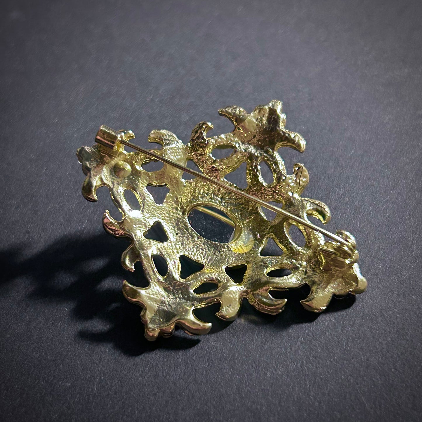 Gold & Green Rhinestone Ornate Brooch