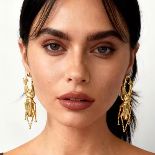 Stag Beetle Large Gold Statement Earrings