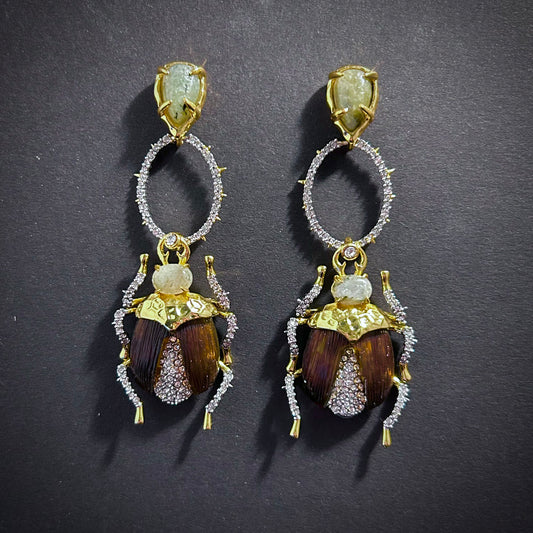 Scarab Beetle Cubic Zirconia Pavé Gold Earrings