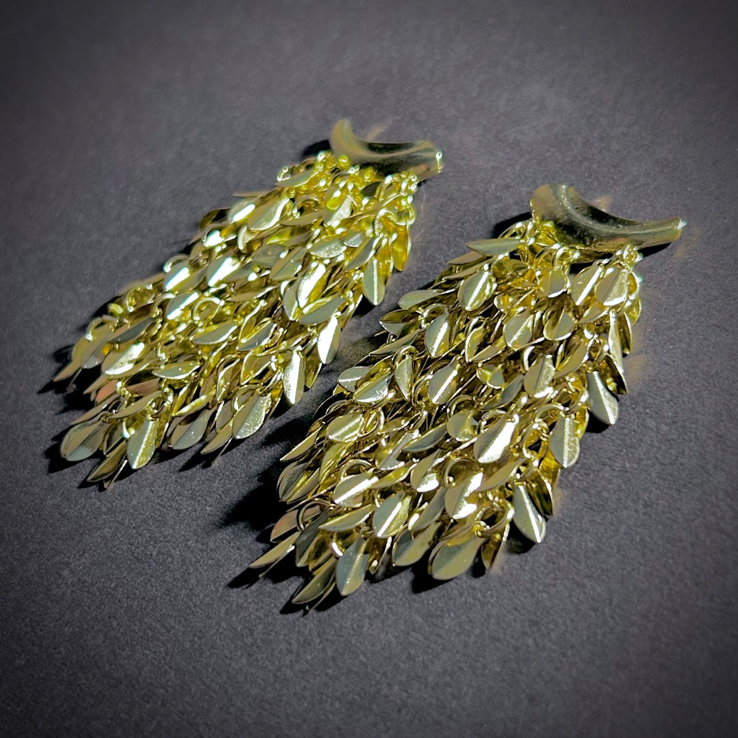 Leaves Waterfall Gold Tassel Statement Earrings