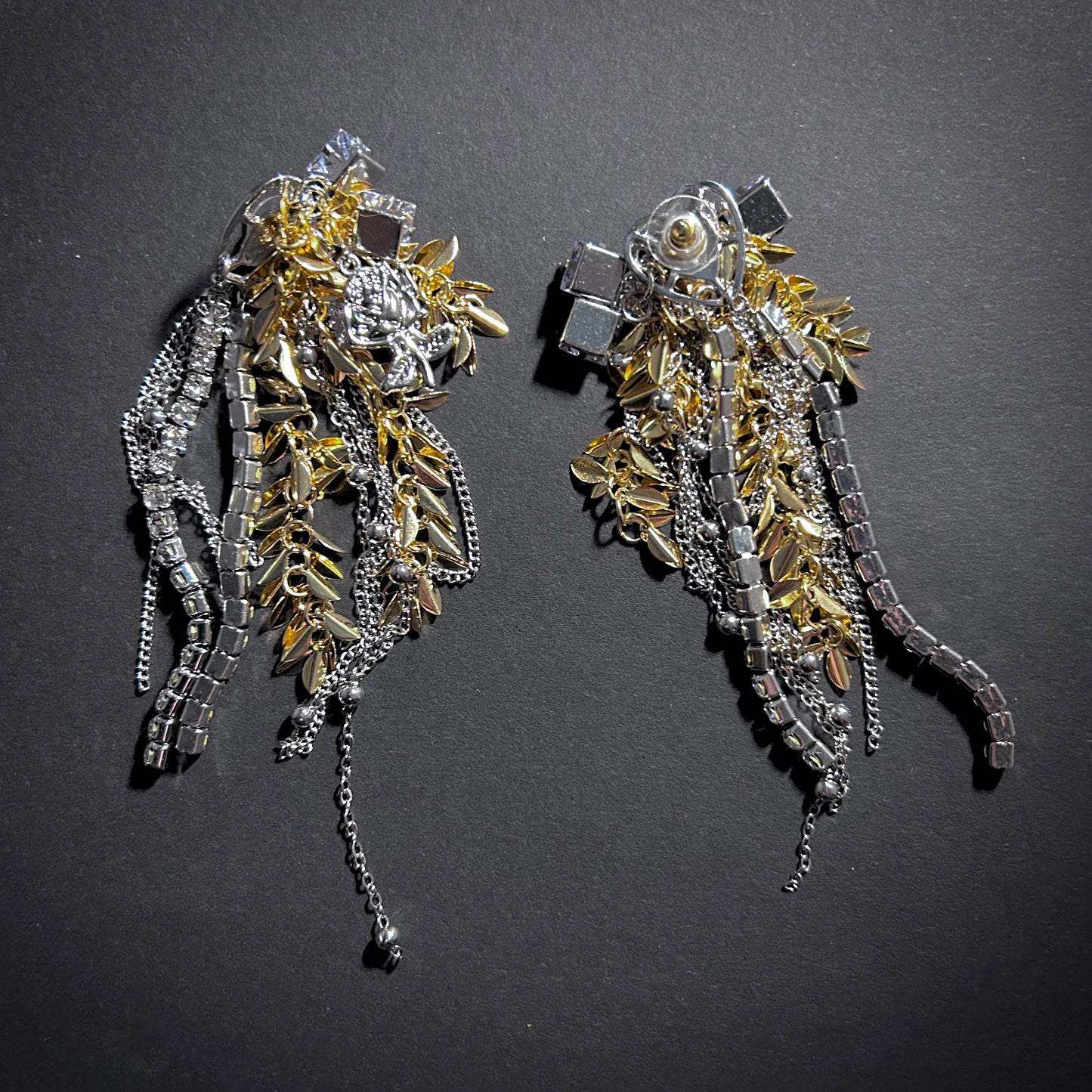 Leaves, Chains & Cubic Zirconia Mixed Metal Tassel Statement Earrings