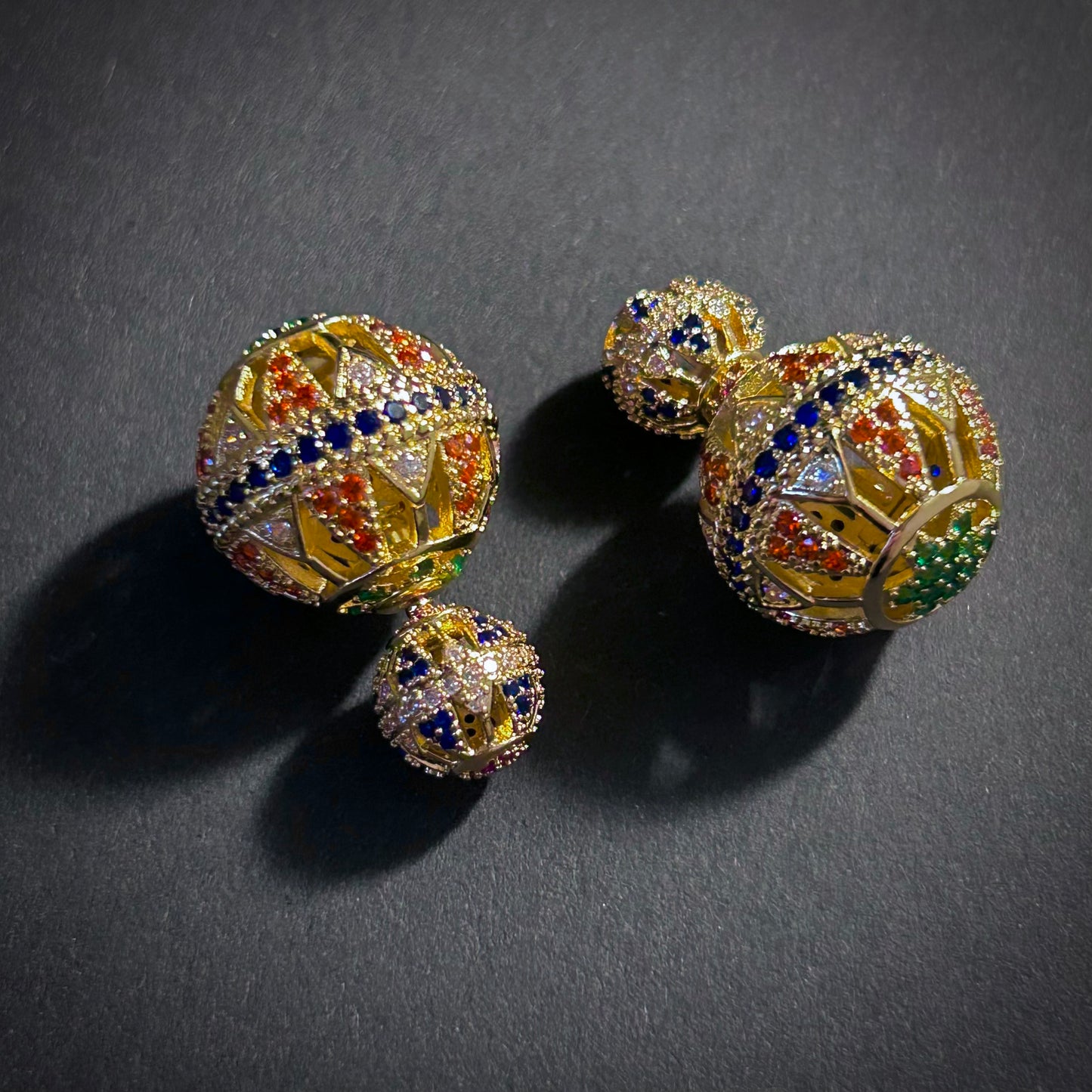 Byzantine Revival Multi-Color & Gold Hollow Orb Filigree Earrings with Back Stopper