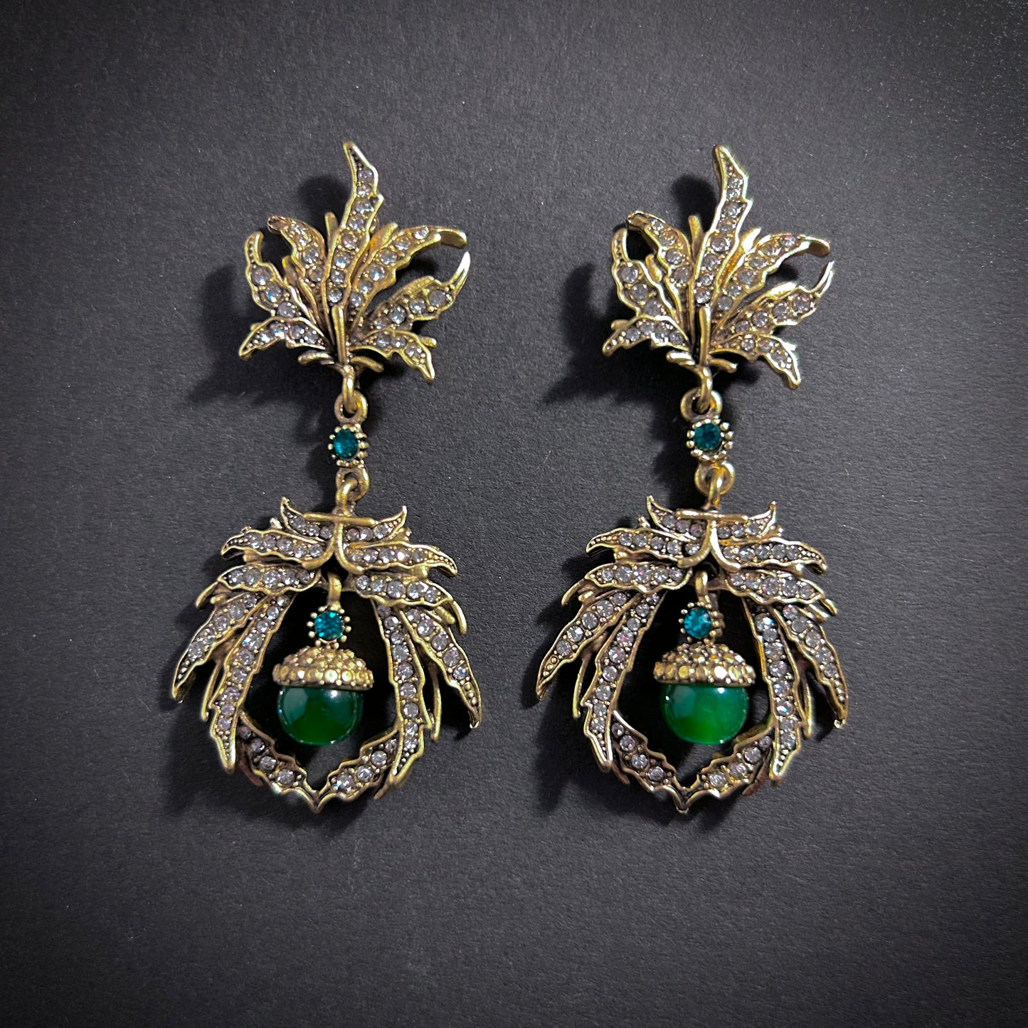 Art Nouveau Gold & Emerald Green Rhinestone Leaf Chandelier Earrings
