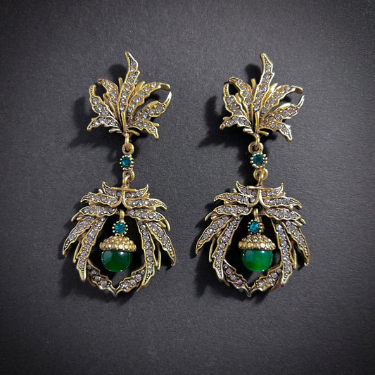 Art Nouveau Gold & Emerald Green Rhinestone Leaf Chandelier Earrings