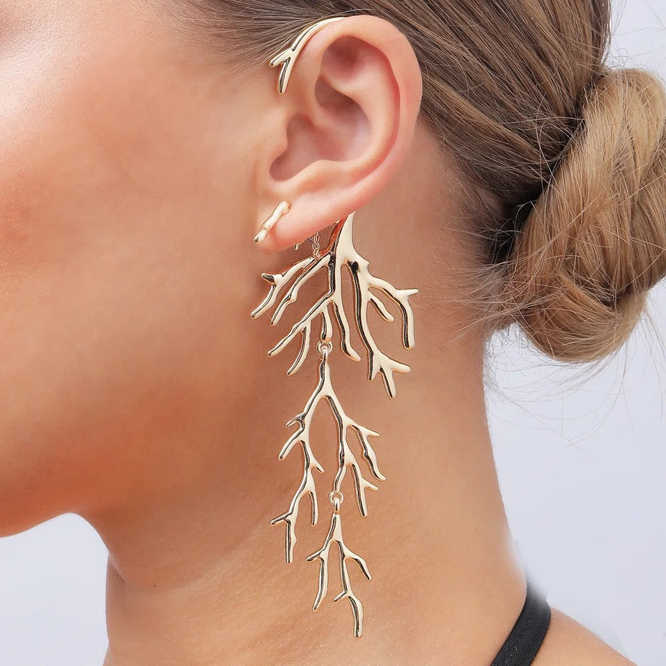 Gold Branch Ear Jacket & Earrings in Asymmetric Twig Set