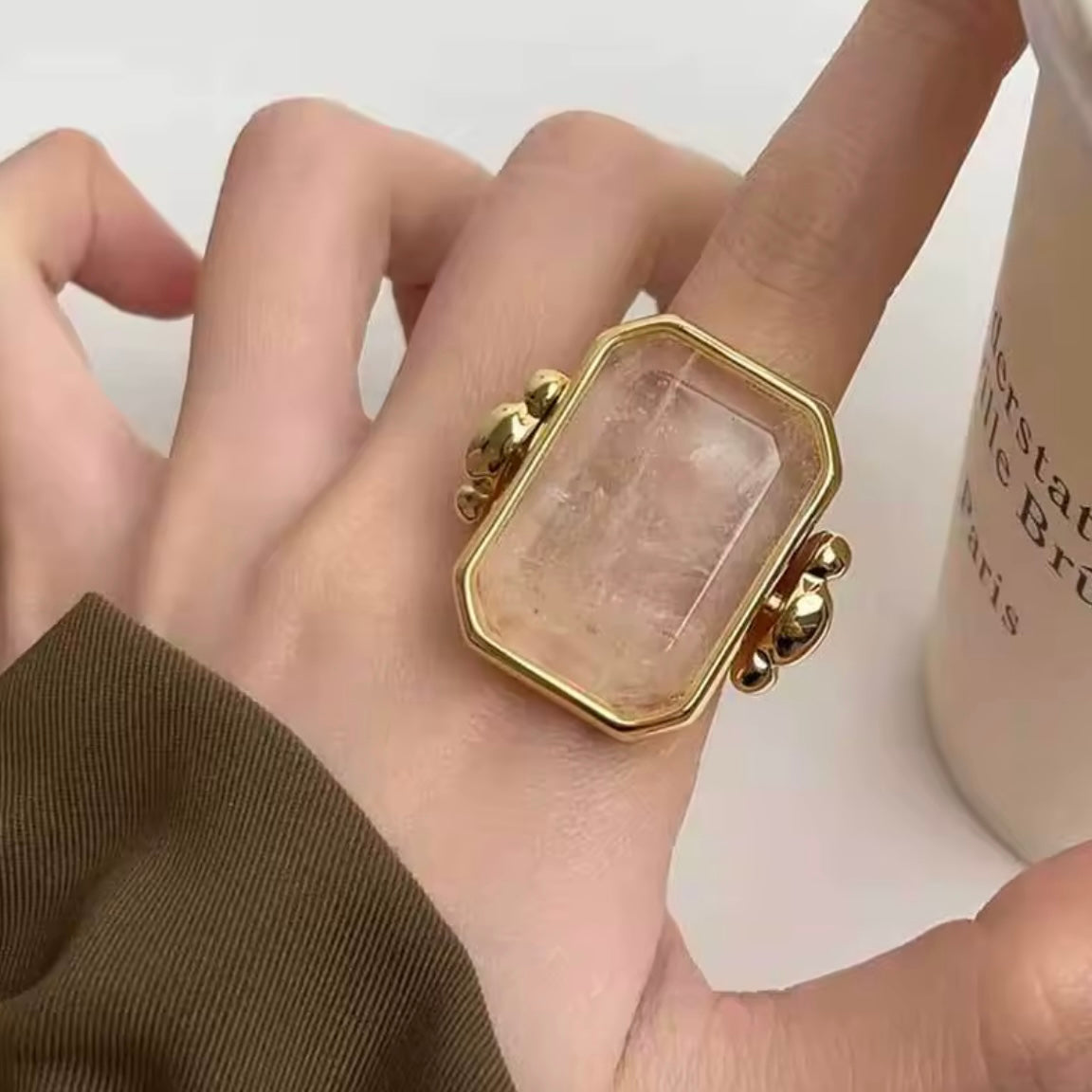 Oversized Gold & Cloudy Quartz Statement Ring