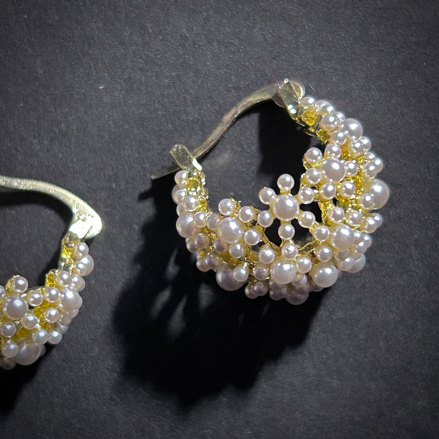 White Pearl Cluster Gold Hoop Earrings
