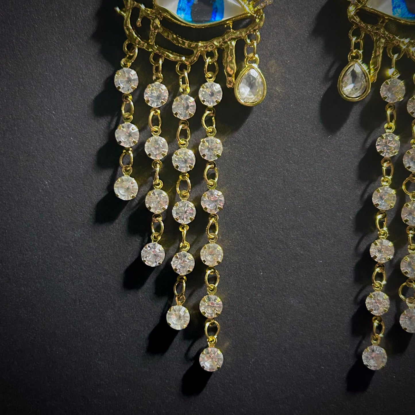 Blue Eye & Long Rhinestone Fringe Gold Earrings