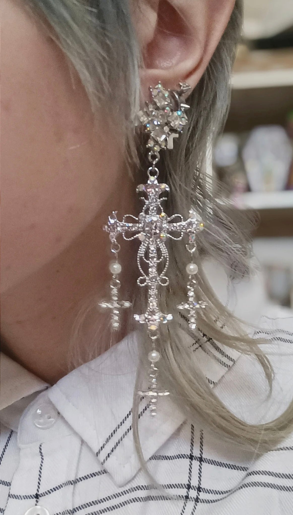 Cross Chandelier Earrings in Silver & Rhinestones