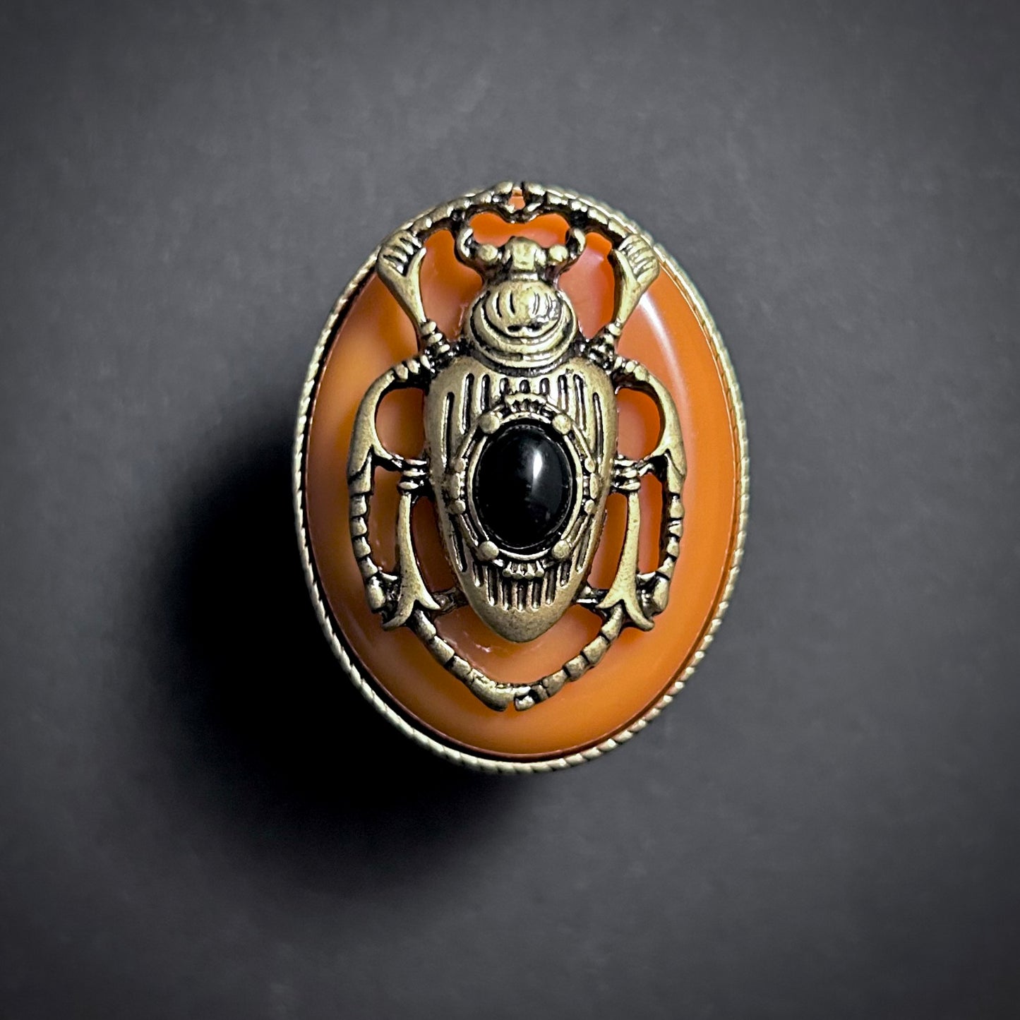 Scarab Beetle Orange Enamel & Antiqued Gold Statement Ring