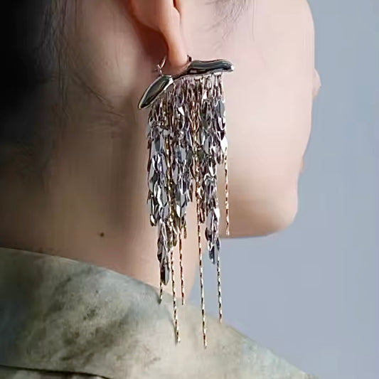 Leaves & Chain Organic Shaped Mixed Metal Tassel Statement Earrings