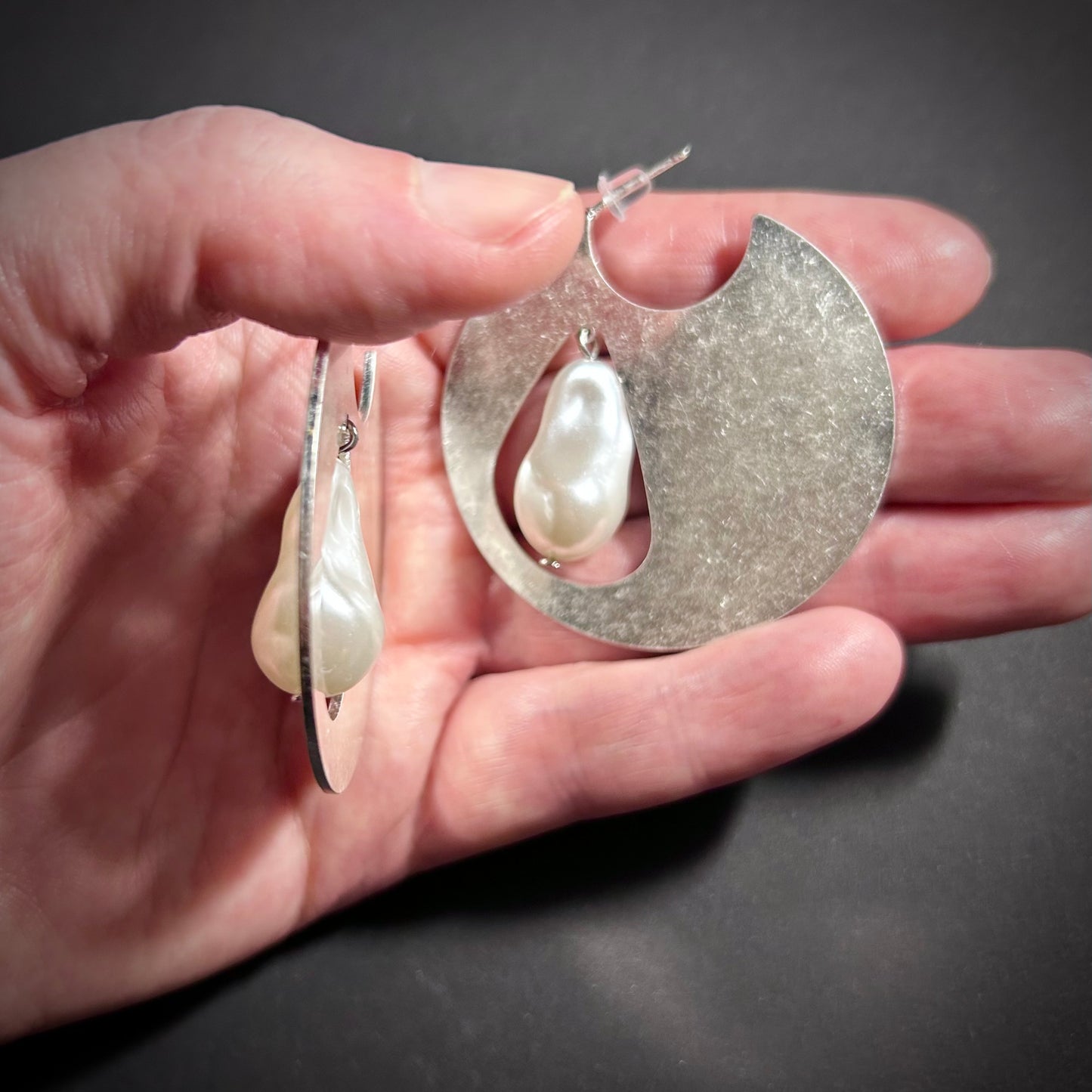 Silver Solid Circle & White Teardrop Baroque Pearl Earrings
