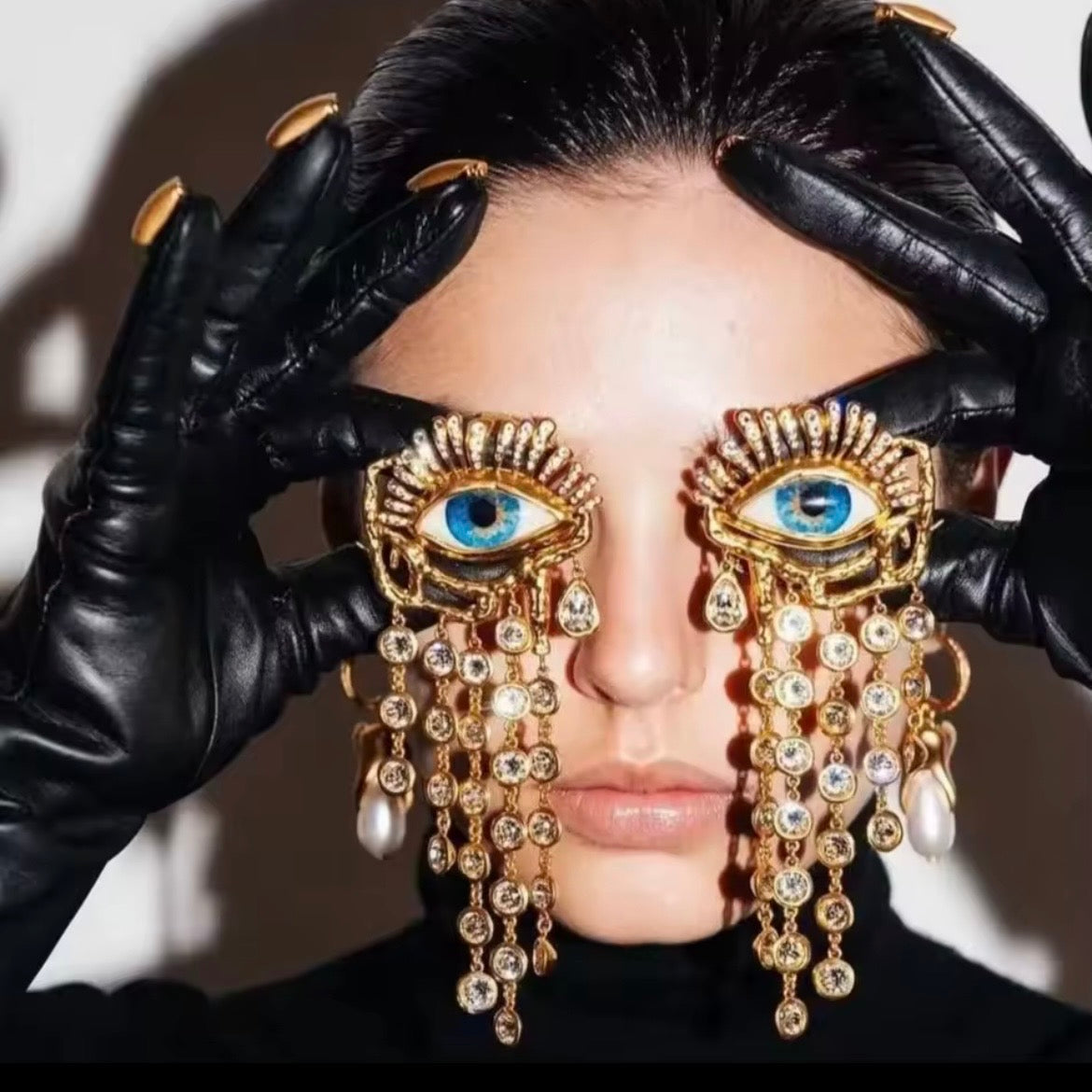 Blue Eye & Long Rhinestone Fringe Gold Earrings