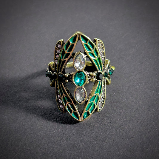 Art Nouveau Dragonfly Cloisonné Enamel & Rhinestones Ring