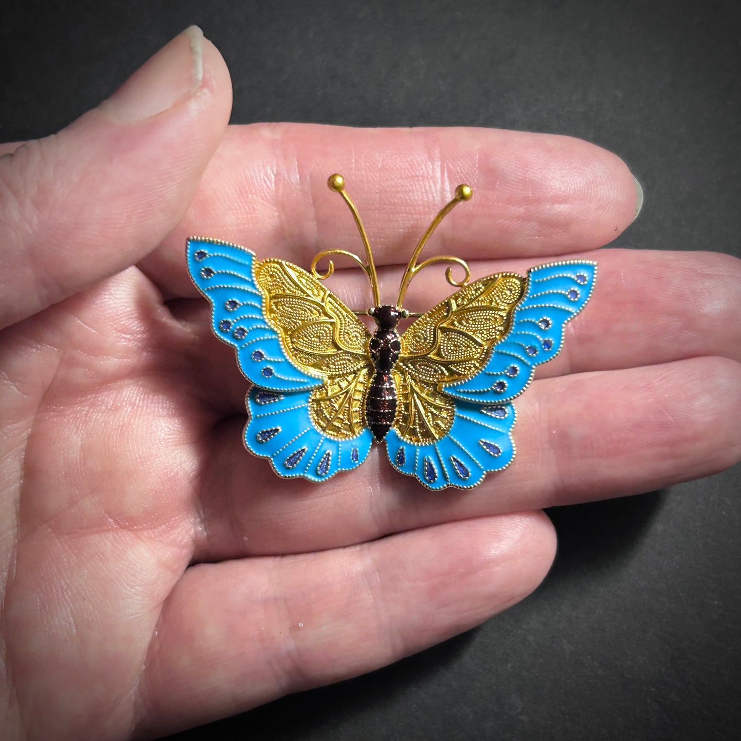 Intricate Butterfly Brooch with 18K Gold Plating & Blue Cloisonné Enamel