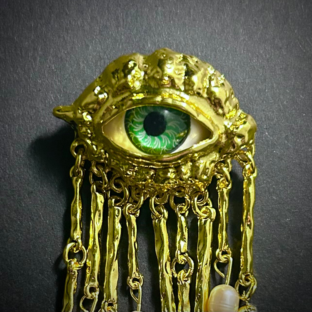 Green Eyes & Baroque Pearl Gold Fringe Surrealist Brooch