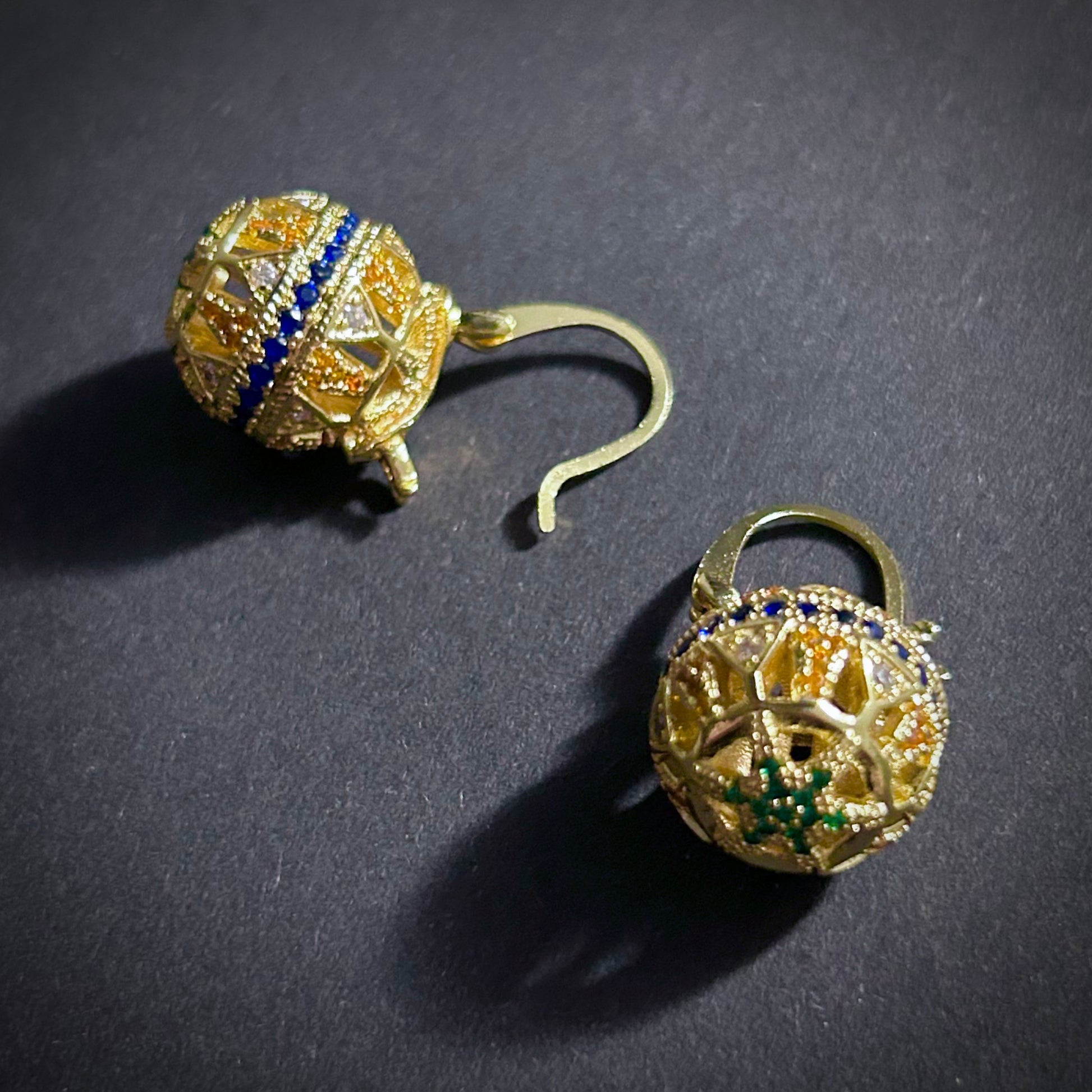 Byzantine Revival Multi-Color & Gold Hollow Orb Filigree Huggie Earrings