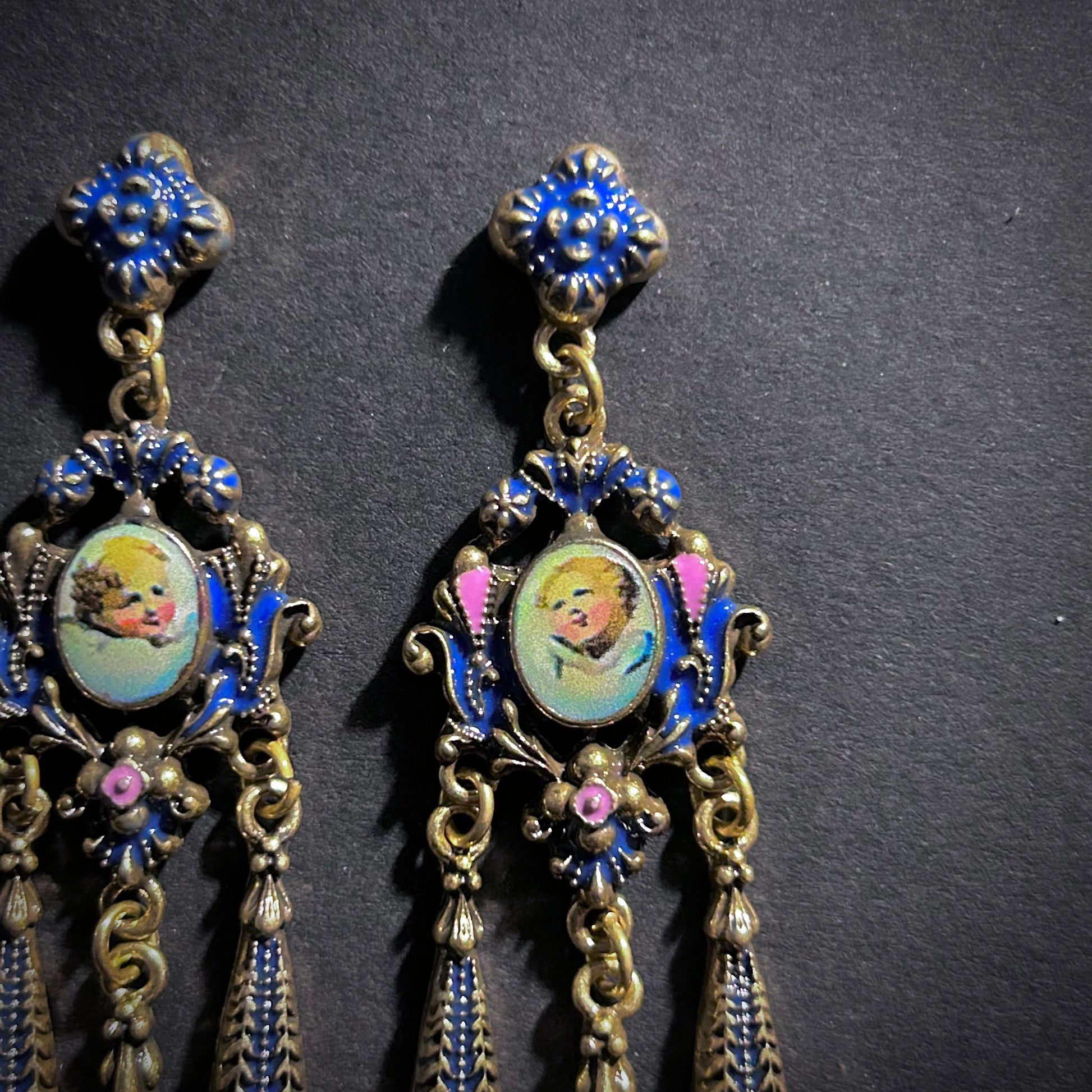 Rococo Enamel, Milgrain & Cherub Chandelier Earrings in Gold & Dark Blue