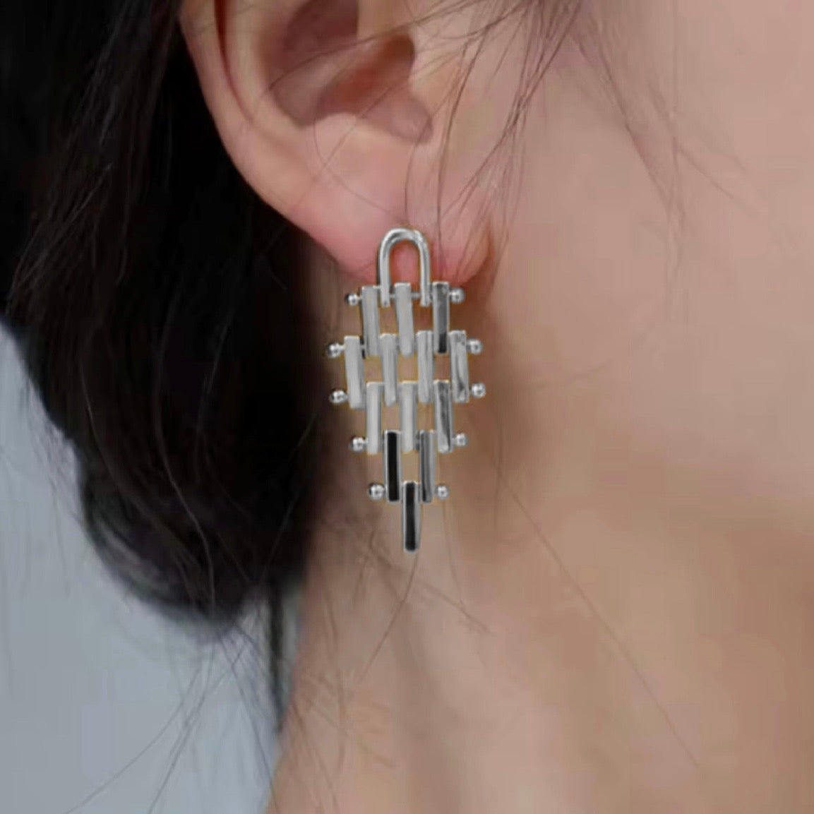 Geometric Hinged Six Level Earrings in Silver
