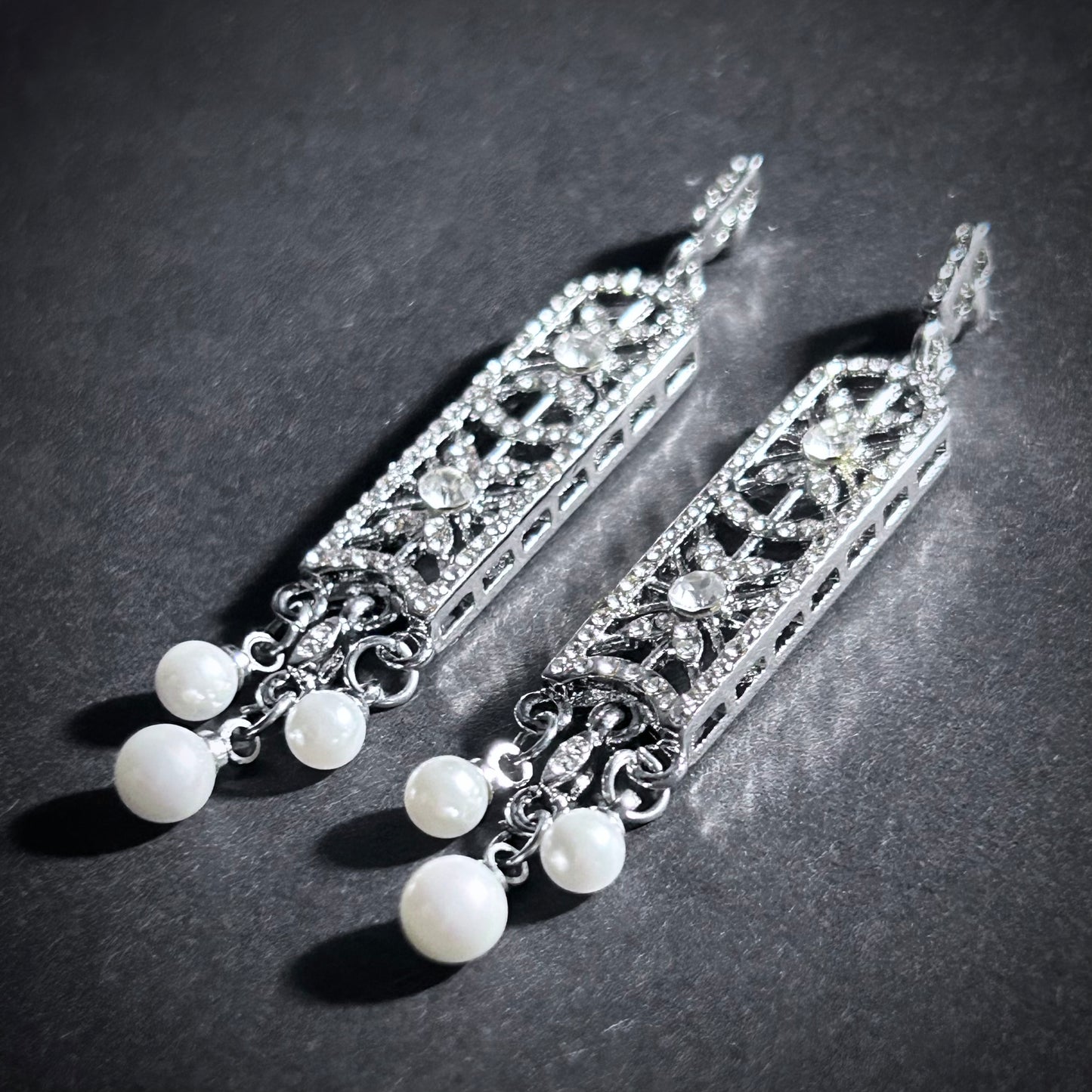 Long Rectangle Art Deco/Art Nouveau Pearls & Cubic Zirconia Silver Earrings