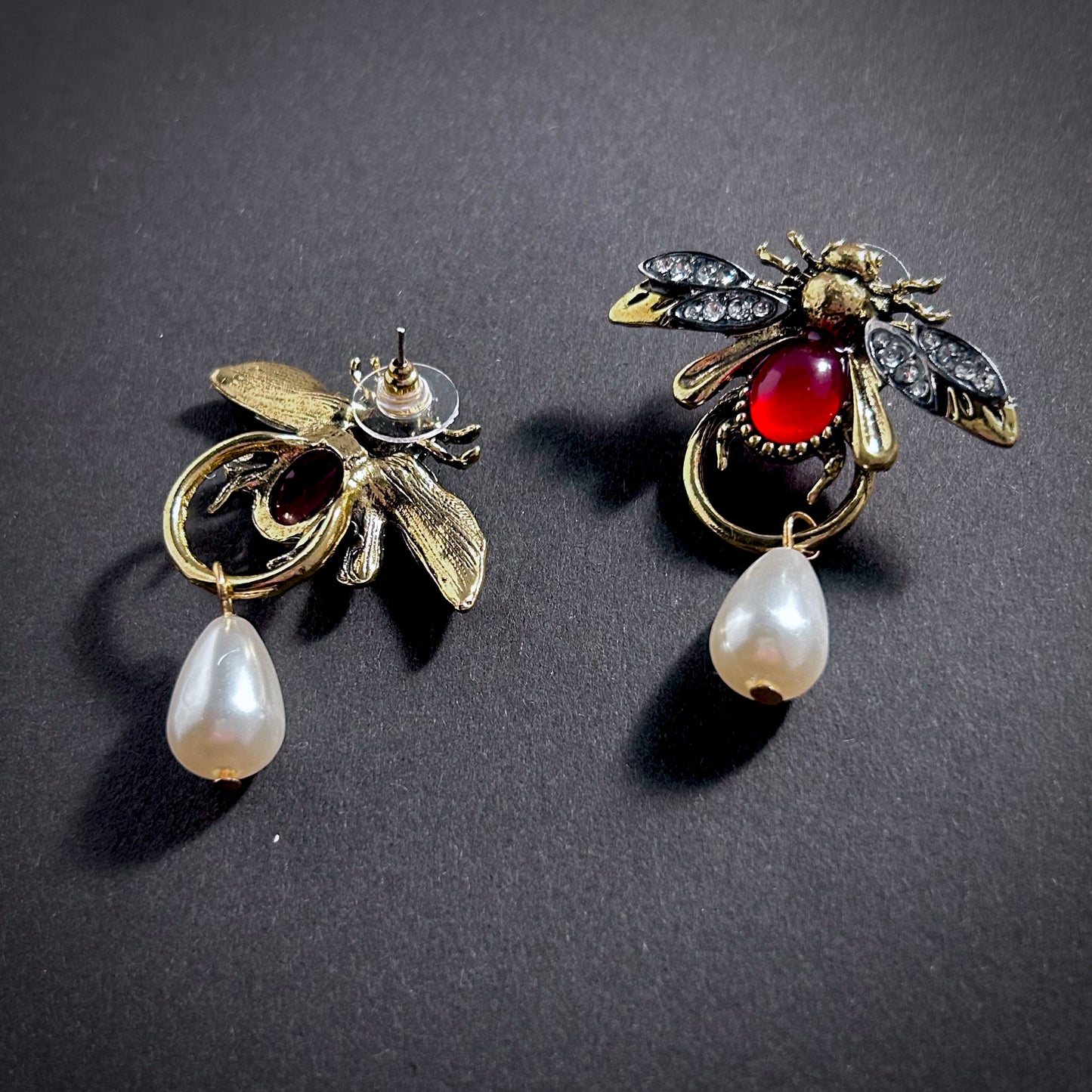 Bee, Ruby & White Pearl Gold Earrings