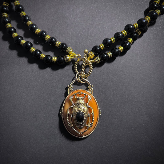 Scarab Beetle Orange Enamel & Antiqued Gold Statement Toggle Necklace