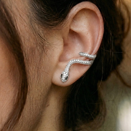 Snake Stud & Cuff Statement Earrings in Silver with Emerald Eyes