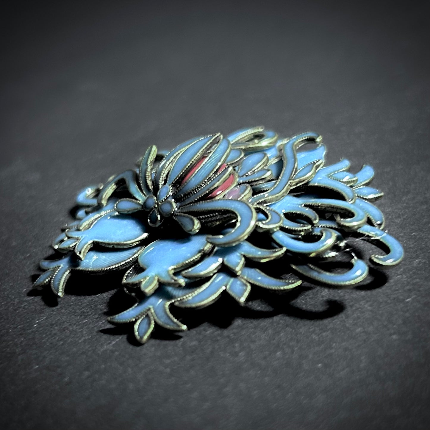 Art Nouveau Intricate Petrol Enamel & Gold Brooch