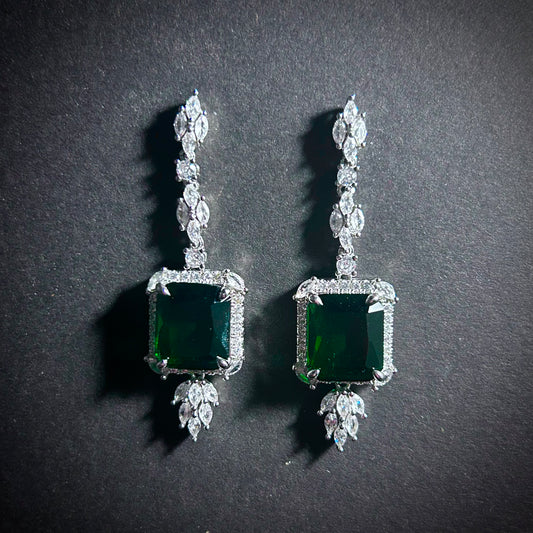 Ornate Emerald Rectangle Dangle Stud Earrings