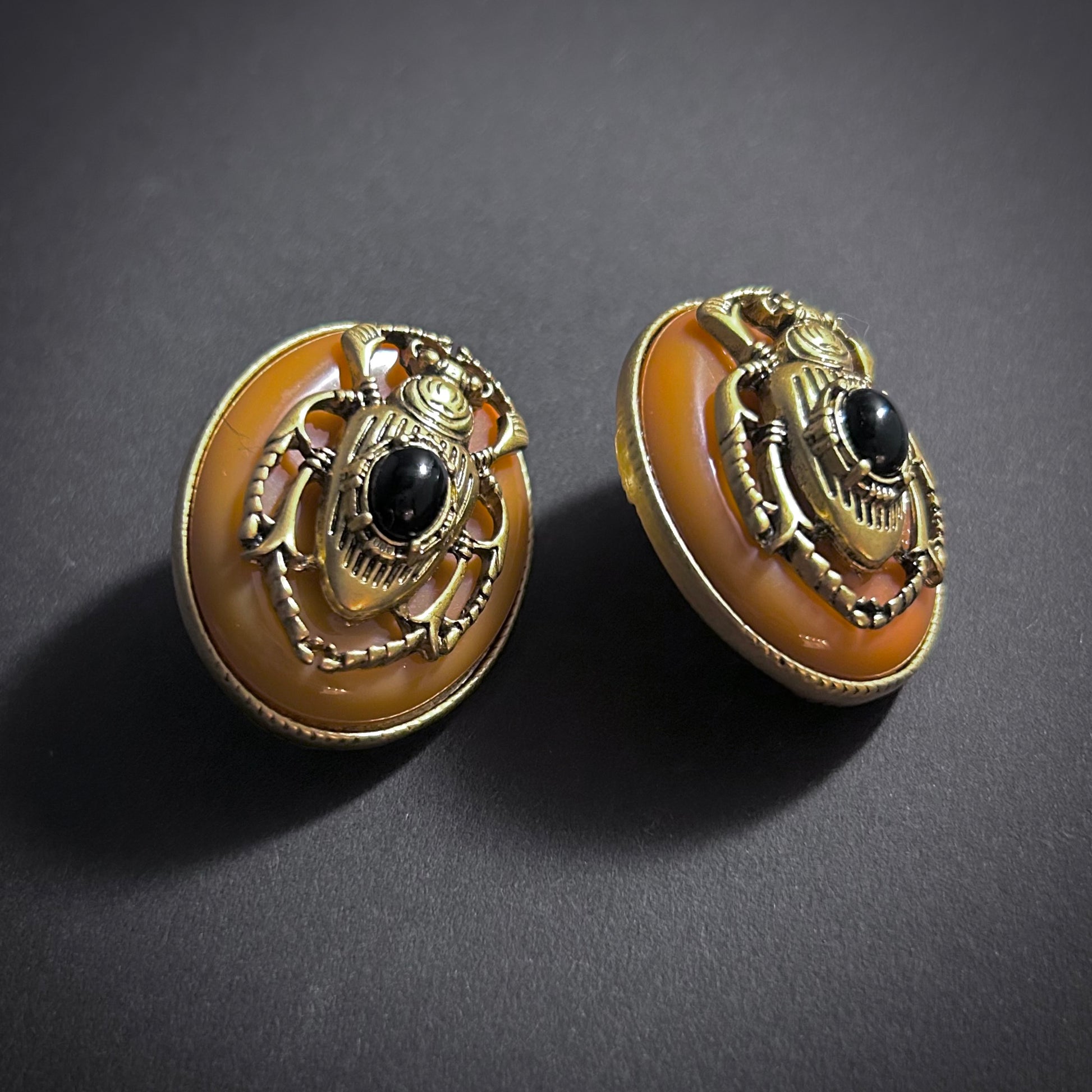 Scarab Beetle Orange Enamel & Antiqued Gold Statement Earrings