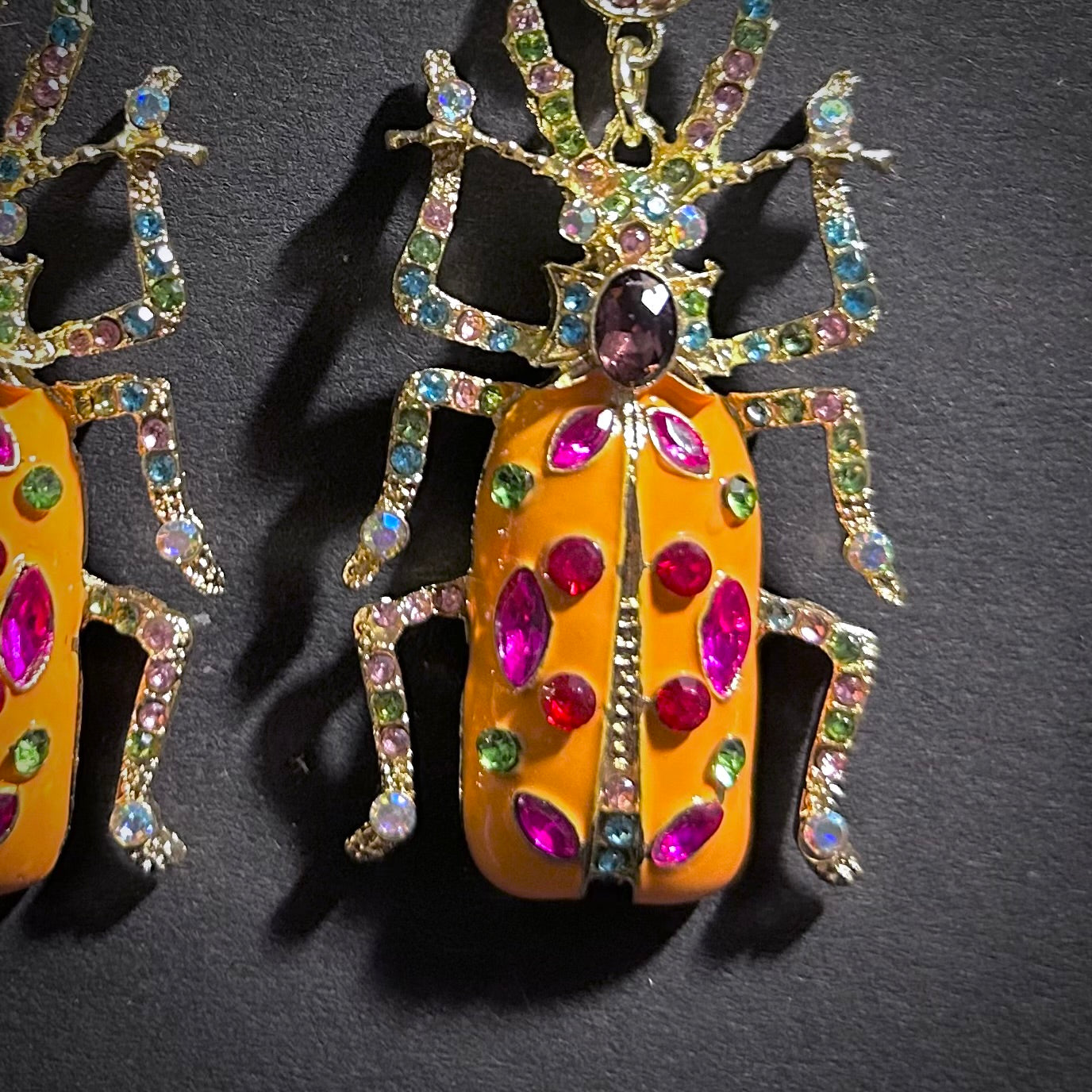 Happy Beetle Statement Earrings with Orange Enamel & Rhinestones